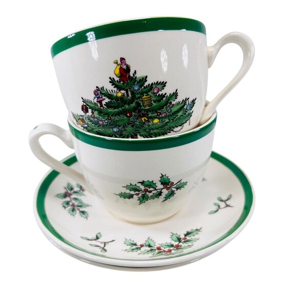 Vtg Spode Christmas Tree Set Of 2 Tea Cups And Saucers Made In England S3324 - Picture 1 of 15